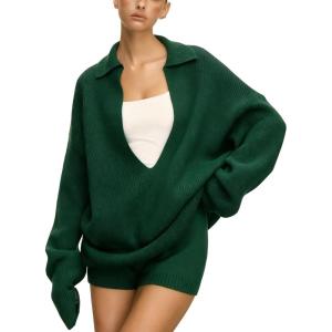 image:imageCHARTOU Women Sweater Shorts 2 Pieces Outfits Fall Oversized Deep V Neck Lapel Pullover Knit Shorts Lounge SetGreen