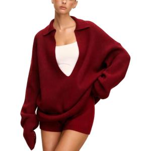 image:imageCHARTOU Women Sweater Shorts 2 Pieces Outfits Fall Oversized Deep V Neck Lapel Pullover Knit Shorts Lounge SetWine