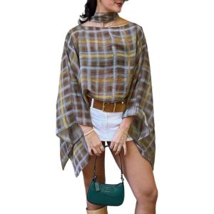 image:imageCHARTOU Women Vintage Plaid Blouses Lightweight Crewneck Batwing Sleeve Cover Up Poncho Shirt Top with ScarfPlaid