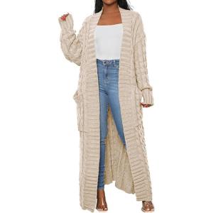 image:imageCHARTOU Womens 2023 Fall Chunky Cable Knit Long Sleeve Open Front Cardigan SweaterBeige