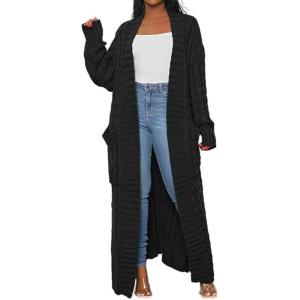 image:imageCHARTOU Womens 2023 Fall Chunky Cable Knit Long Sleeve Open Front Cardigan SweaterBlack