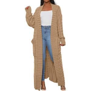 image:imageCHARTOU Womens 2023 Fall Chunky Cable Knit Long Sleeve Open Front Cardigan SweaterCamel