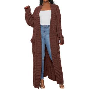 image:imageCHARTOU Womens 2023 Fall Chunky Cable Knit Long Sleeve Open Front Cardigan SweaterCoffee