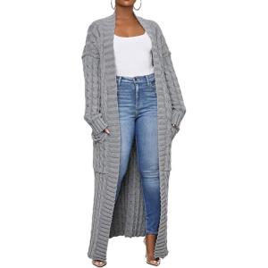 image:imageCHARTOU Womens 2023 Fall Chunky Cable Knit Long Sleeve Open Front Cardigan SweaterGrey