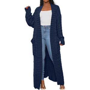 image:imageCHARTOU Womens 2023 Fall Chunky Cable Knit Long Sleeve Open Front Cardigan SweaterNavy