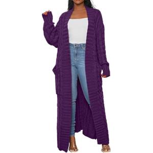 image:imageCHARTOU Womens 2023 Fall Chunky Cable Knit Long Sleeve Open Front Cardigan SweaterPurple