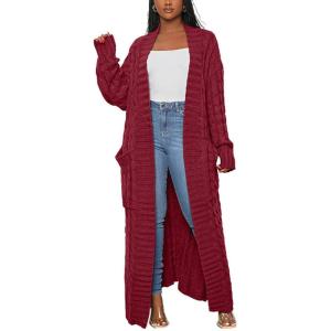 image:imageCHARTOU Womens 2023 Fall Chunky Cable Knit Long Sleeve Open Front Cardigan SweaterWine