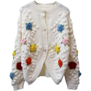 image:imageCHARTOU Womens 2023 Fall Winter Open Front Cardigan 3D Posy PomPom Knit Sweater TopsBeige