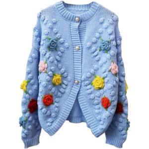 image:imageCHARTOU Womens 2023 Fall Winter Open Front Cardigan 3D Posy PomPom Knit Sweater TopsBlue