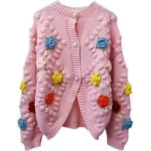image:imageCHARTOU Womens 2023 Fall Winter Open Front Cardigan 3D Posy PomPom Knit Sweater TopsPink
