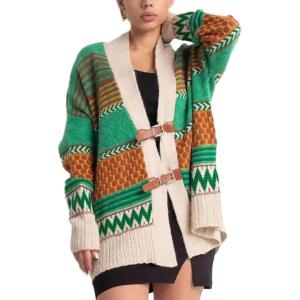 image:imageCHARTOU Womens 2025 Fall Buckle Cardigan Lightweight Boho Contrast Color Knit Oversized SweaterGreen