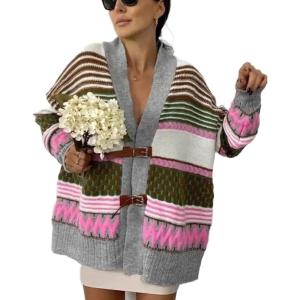 image:imageCHARTOU Womens 2025 Fall Buckle Cardigan Lightweight Boho Contrast Color Knit Oversized SweaterPink