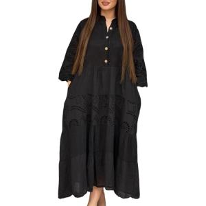 image:imageCHARTOU Womens Boho Lace Eyelet Tiered Maxi Dress 34 Sleeve Embroidery Beach Vacation Tunic Shirt DressBlack