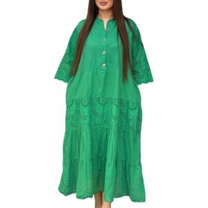 image:imageCHARTOU Womens Boho Lace Eyelet Tiered Maxi Dress 34 Sleeve Embroidery Beach Vacation Tunic Shirt DressGreen