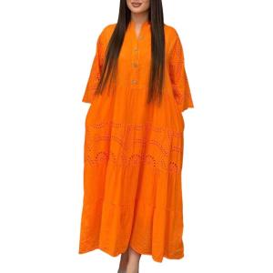 image:imageCHARTOU Womens Boho Lace Eyelet Tiered Maxi Dress 34 Sleeve Embroidery Beach Vacation Tunic Shirt DressOrange