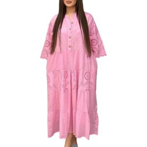 image:imageCHARTOU Womens Boho Lace Eyelet Tiered Maxi Dress 34 Sleeve Embroidery Beach Vacation Tunic Shirt DressPink