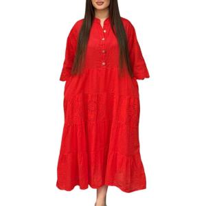 image:imageCHARTOU Womens Boho Lace Eyelet Tiered Maxi Dress 34 Sleeve Embroidery Beach Vacation Tunic Shirt DressRed