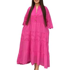 image:imageCHARTOU Womens Boho Lace Eyelet Tiered Maxi Dress 34 Sleeve Embroidery Beach Vacation Tunic Shirt DressRose