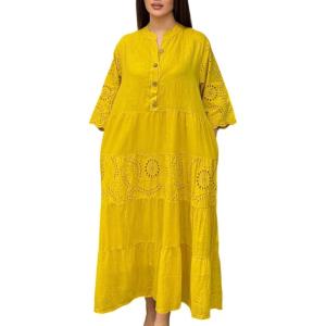 image:imageCHARTOU Womens Boho Lace Eyelet Tiered Maxi Dress 34 Sleeve Embroidery Beach Vacation Tunic Shirt DressYellow