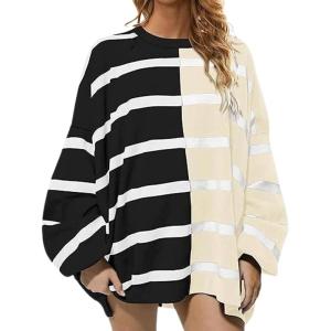 image:imageCHARTOU Womens Boyfriend Oversized Sweatshirt Striped Pullover Hoodies Loose Y2K Knit Outwears Fall OutfitsBlack Apricot
