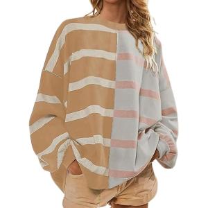 image:imageCHARTOU Womens Boyfriend Oversized Sweatshirt Striped Pullover Hoodies Loose Y2K Knit Outwears Fall OutfitsKhaki Grey