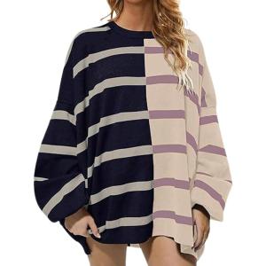 image:imageCHARTOU Womens Boyfriend Oversized Sweatshirt Striped Pullover Hoodies Loose Y2K Knit Outwears Fall OutfitsNavy Apricot