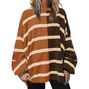 image:imageCHARTOU Womens Boyfriend Oversized Sweatshirt Striped Pullover Hoodies Loose Y2K Knit Outwears Fall OutfitsOrange Coffee