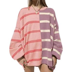 image:imageCHARTOU Womens Boyfriend Oversized Sweatshirt Striped Pullover Hoodies Loose Y2K Knit Outwears Fall OutfitsPink Purple
