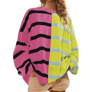 image:imageCHARTOU Womens Boyfriend Oversized Sweatshirt Striped Pullover Hoodies Loose Y2K Knit Outwears Fall OutfitsPink Yellow