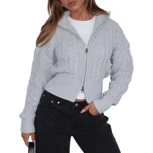 image:imageCHARTOU Womens Cable Knit Cardigan Cropped Zip Up Stand Collar Slim Stretch Plain Fall Chunky Fall SweatersGrey