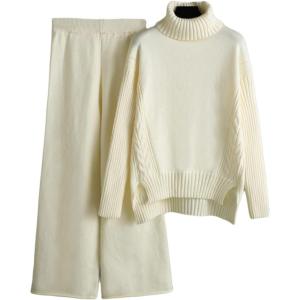 image:imageCHARTOU Womens Casual 2 Piece Knit Sweater Pants Set Turtleneck Jumper Wide Leg Pants OutfitsBeige