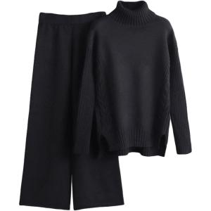 image:imageCHARTOU Womens Casual 2 Piece Knit Sweater Pants Set Turtleneck Jumper Wide Leg Pants OutfitsBlack