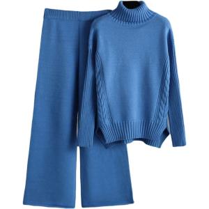 image:imageCHARTOU Womens Casual 2 Piece Knit Sweater Pants Set Turtleneck Jumper Wide Leg Pants OutfitsBlue