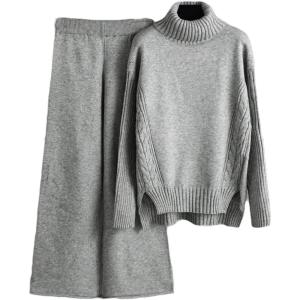 image:imageCHARTOU Womens Casual 2 Piece Knit Sweater Pants Set Turtleneck Jumper Wide Leg Pants OutfitsGrey