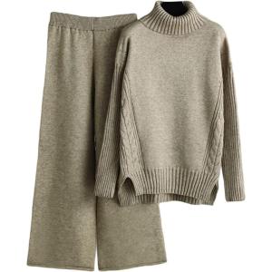 image:imageCHARTOU Womens Casual 2 Piece Knit Sweater Pants Set Turtleneck Jumper Wide Leg Pants OutfitsKhaki