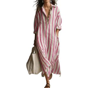 image:imageCHARTOU Womens Casual Striped Shirt Dress Long Sleeve Summer Boho Vacation Tunic Lapel Slit Loose Maxi DressPink