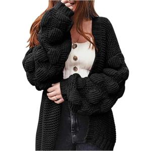 image:imageCHARTOU Womens Chunky Knitted Basket Weave Long Sleeve Open Front Cardigan Sweater TopsBlack