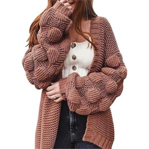 image:imageCHARTOU Womens Chunky Knitted Basket Weave Long Sleeve Open Front Cardigan Sweater TopsCoffee