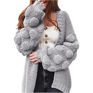 image:imageCHARTOU Womens Chunky Knitted Basket Weave Long Sleeve Open Front Cardigan Sweater TopsGrey