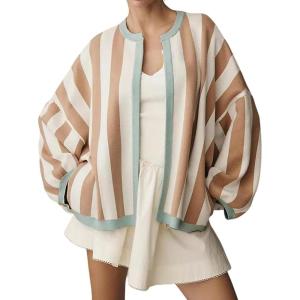 image:imageCHARTOU Womens Contrast Striped Open Front Cardigan Oversized Balloon Sleeve Knit Fall Sweater CoatiganKhaki