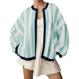 image:imageCHARTOU Womens Contrast Striped Open Front Cardigan Oversized Balloon Sleeve Knit Fall Sweater CoatiganPea Green