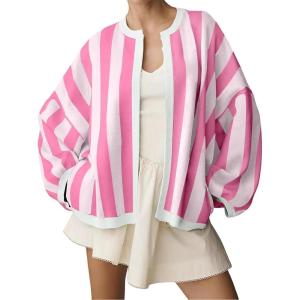 image:imageCHARTOU Womens Contrast Striped Open Front Cardigan Oversized Balloon Sleeve Knit Fall Sweater CoatiganPink