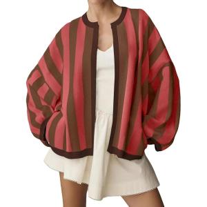 image:imageCHARTOU Womens Contrast Striped Open Front Cardigan Oversized Balloon Sleeve Knit Fall Sweater CoatiganRed