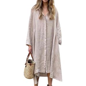 image:imageCHARTOU Womens Cotton Linen Shirt Dress Long Sleeve Summer Casual Button Down Oversized Coverup Beach DressApricot