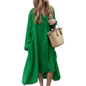 image:imageCHARTOU Womens Cotton Linen Shirt Dress Long Sleeve Summer Casual Button Down Oversized Coverup Beach DressGreen