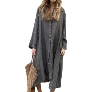 image:imageCHARTOU Womens Cotton Linen Shirt Dress Long Sleeve Summer Casual Button Down Oversized Coverup Beach DressGrey