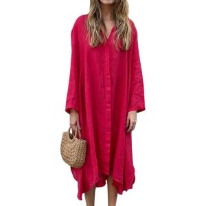 image:imageCHARTOU Womens Cotton Linen Shirt Dress Long Sleeve Summer Casual Button Down Oversized Coverup Beach DressRed