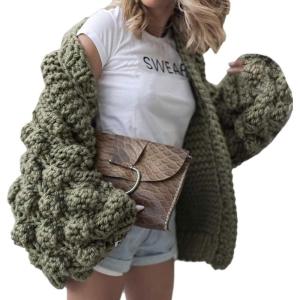 image:imageCHARTOU Womens Cute Lantern Sleeve Cable Knit Sweater Jacket Crochet Open Front CardiganArmy Green