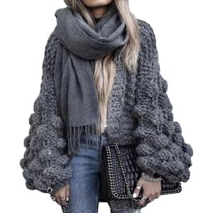 image:imageCHARTOU Womens Cute Lantern Sleeve Cable Knit Sweater Jacket Crochet Open Front CardiganDark Grey