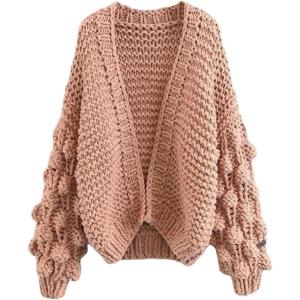 image:imageCHARTOU Womens Cute Lantern Sleeve Cable Knit Sweater Jacket Crochet Open Front CardiganKhaki